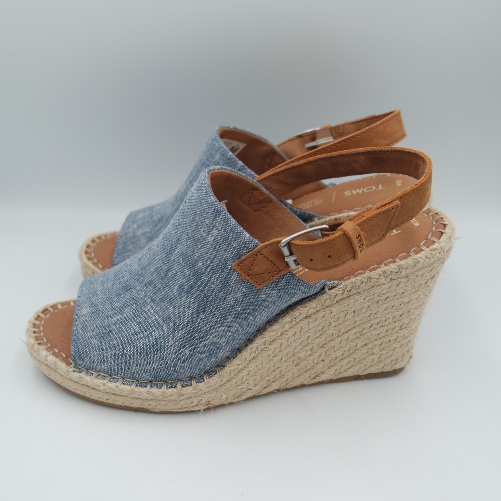 TOMS Monica Women Blue Chambray Espadrille Wedge Sandals Tan Slingback Size 10